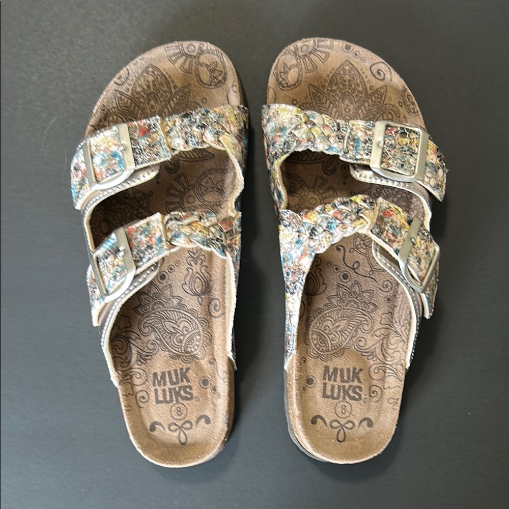 Muk Luks Brown Sandals with Adjustable Straps and colorful design